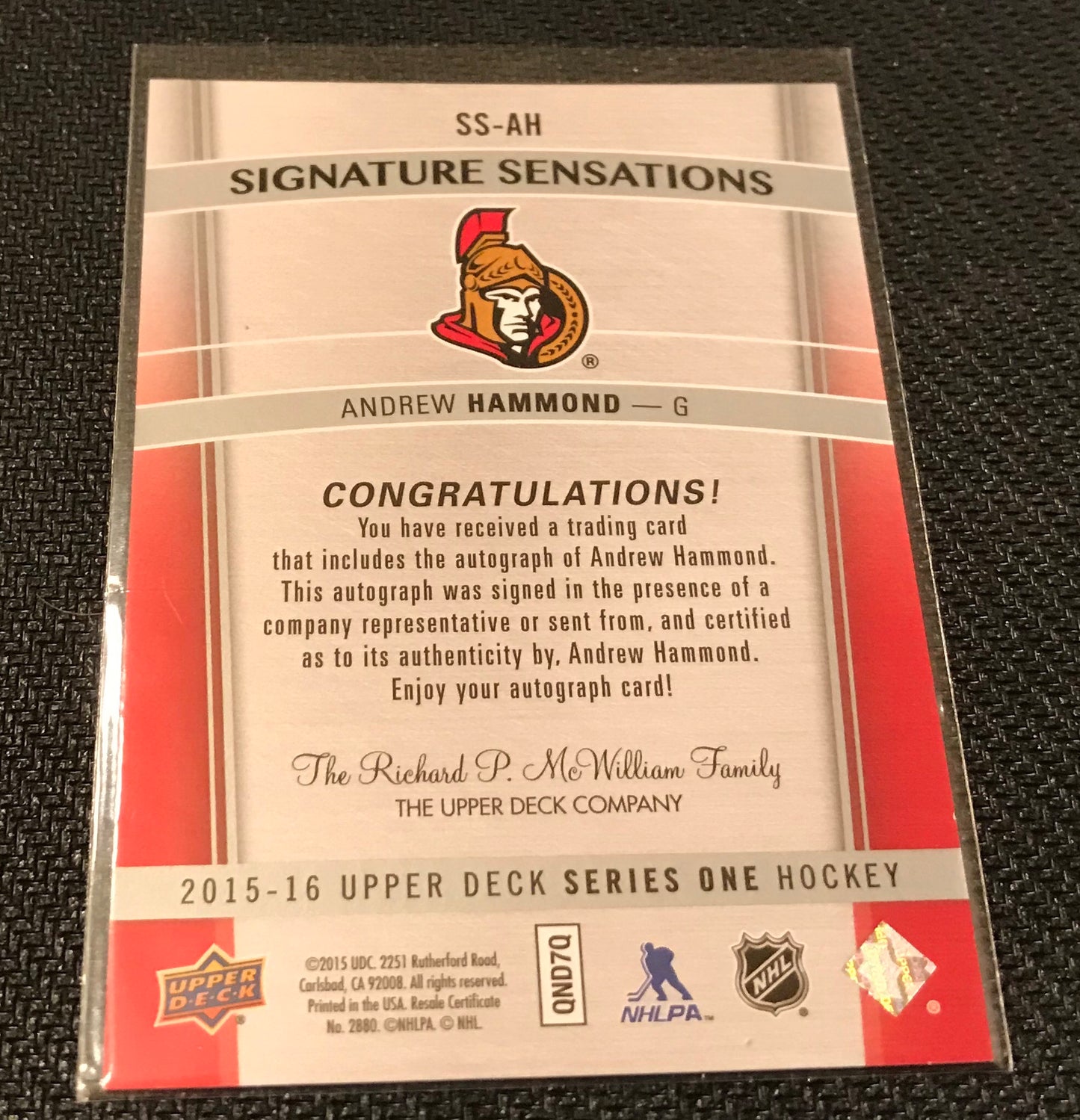 2015-16 Upper Deck Series One Andrew Hammond Autographed Card